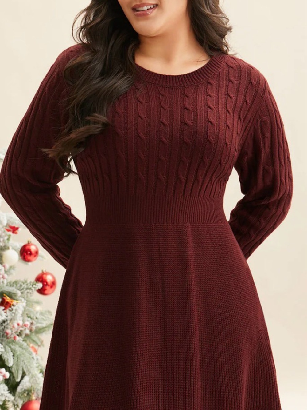 BloomChic Burgundy Cable-Knit Long Sleeve Sweater Dress